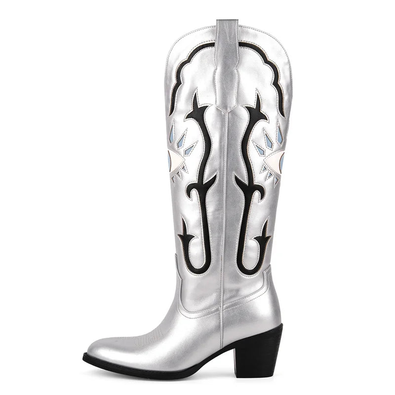Onlymaker Women Pointed Toe Embroidered Eye Inlay Almond-Toe Wide Calf Knee High  Chunky Heel Western Cowgirl Boots