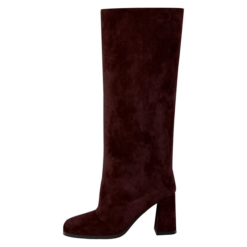 Onlymaker Square Toe Faux Suede Leather Knee-high Boots Chunky Heel Shoes Autumn Solid Slip On Fashion Elegant Boots