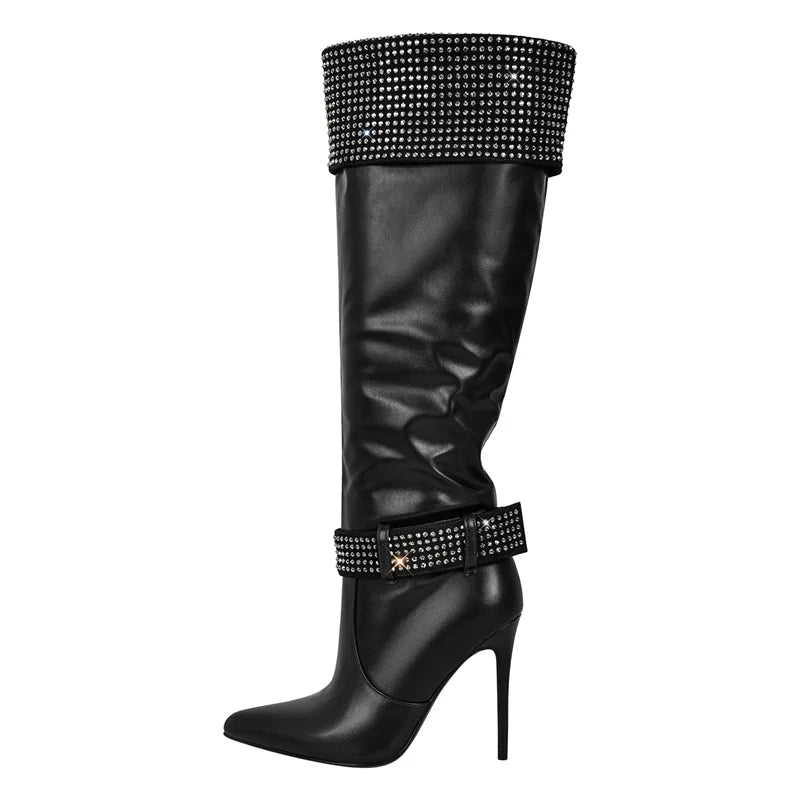 Onlymaker Women Rhinestone Pointed Toe Black Matte Knee High Boots Stiletto Fashion  Long Boots