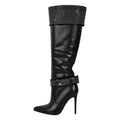 Onlymaker Women Rhinestone Pointed Toe Black Matte Knee High Boots Stiletto Fashion  Long Boots