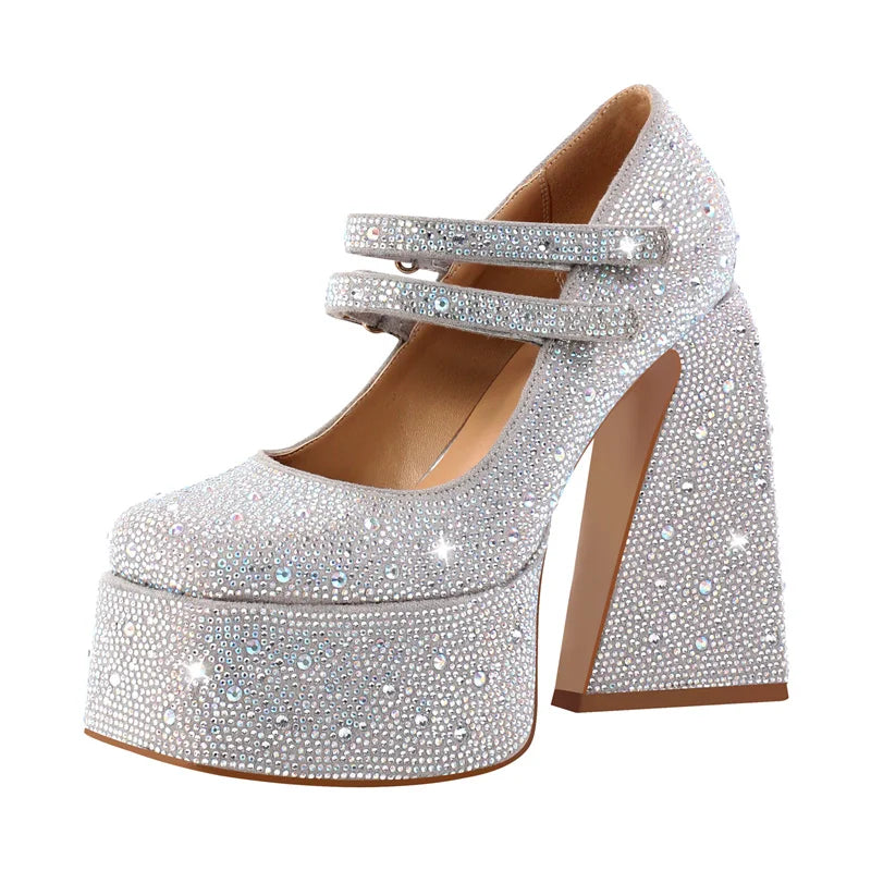 Women Platform Pumps Mary-Jane Rhinestone Chunky High Heels Ankle Strap Dress Party Punk Shoes