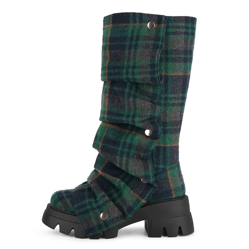 Onlymaker Women Platform Fold Over Boots Block Heel Round Toe Western Pull on Fashion Mid-Calf Female Boots