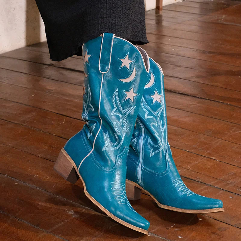 Onlymaker Women  Embroidery Western Boots Side Zipper Knee High Chunky Heel Embroidered Boots