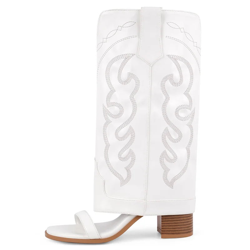 Onlymaker Women Open Toe Embroidery Chunky Heel Mid-Calf Bootie Sandals Folded Over Boots