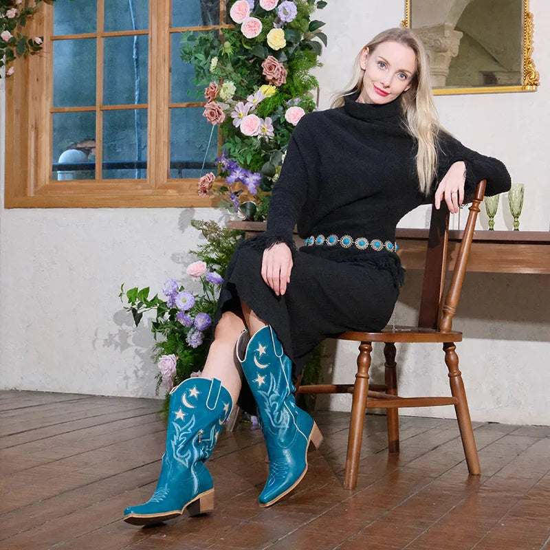 Onlymaker Women  Embroidery Western Boots Side Zipper Knee High Chunky Heel Embroidered Boots