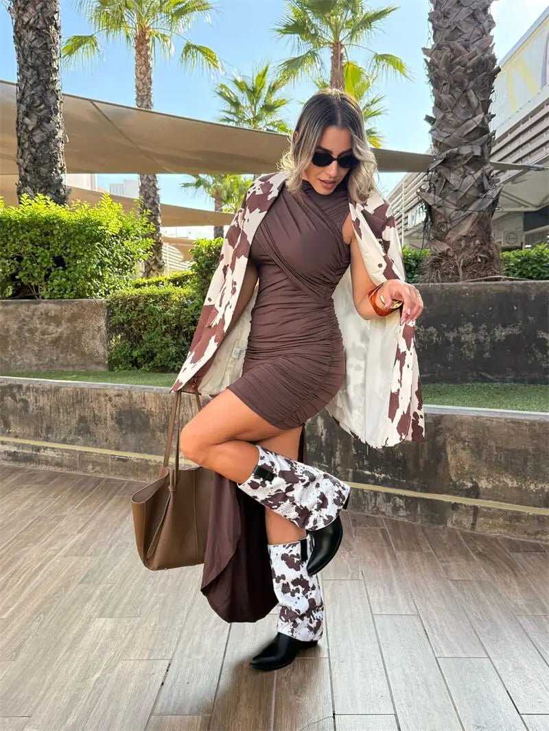 Woman Pointed Toe Cows Print Slip-on Short Boots Chuny Heel Fashion Fold-over Boots