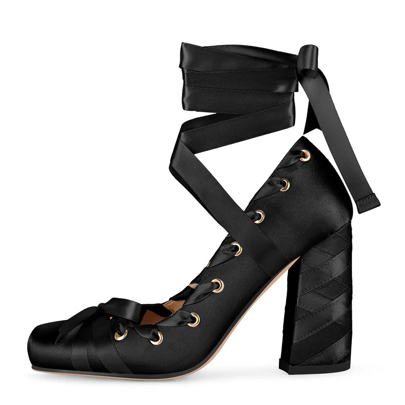 Women Square Toe Satin Pumps High Heeled Big Size  Ankle Strap Lace up Stiletto Classic Pumps Heels