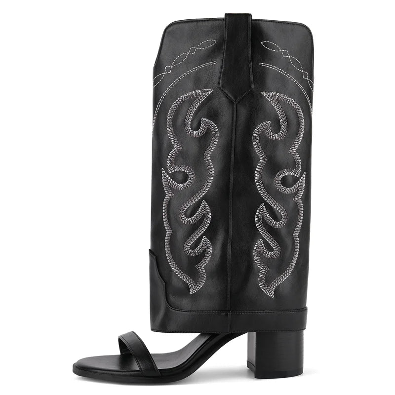 Onlymaker Women Open Toe Embroidery Chunky Heel Mid-Calf Bootie Sandals Folded Over Boots