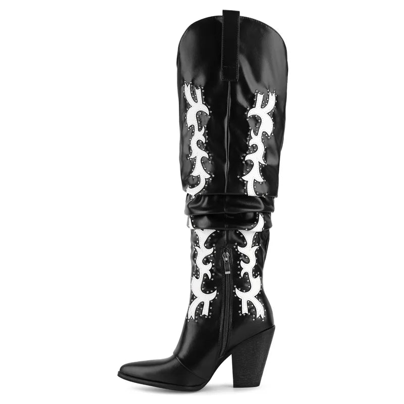 Onlymaker Women  Embroidered Over the Knee High Heel Boots Side Zipper Studded Slouch Wide calf Cowgirl Western Boots