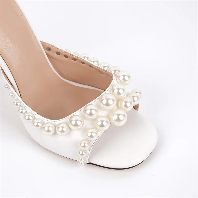 Onlymaker Women Open Toe Satin Pearl Slip On Sandals Mules Thin High Classic Fashion Stiletto Female Sandals