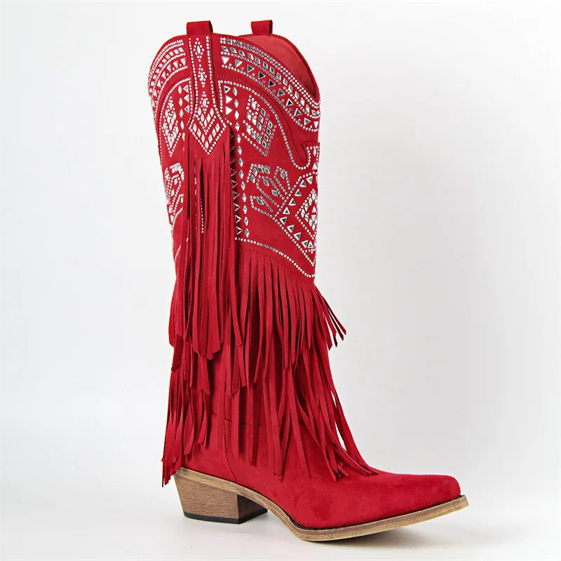 Onlymaker Women Pointed Toe Fringe Pull On Retro Western Cowgirl Boots Fringed Chunky Heel Embroidery Cowboy Boots