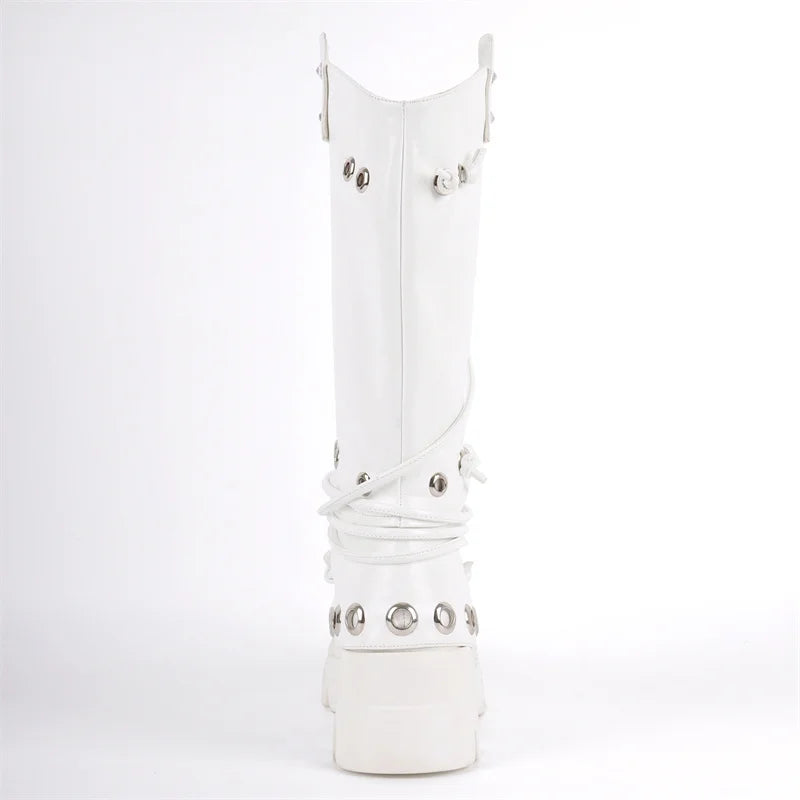 Women Platform Round Toe Studded Chunky Heel Knee High Boots Pull On Mid Calf Chunky Heel Punk Boots