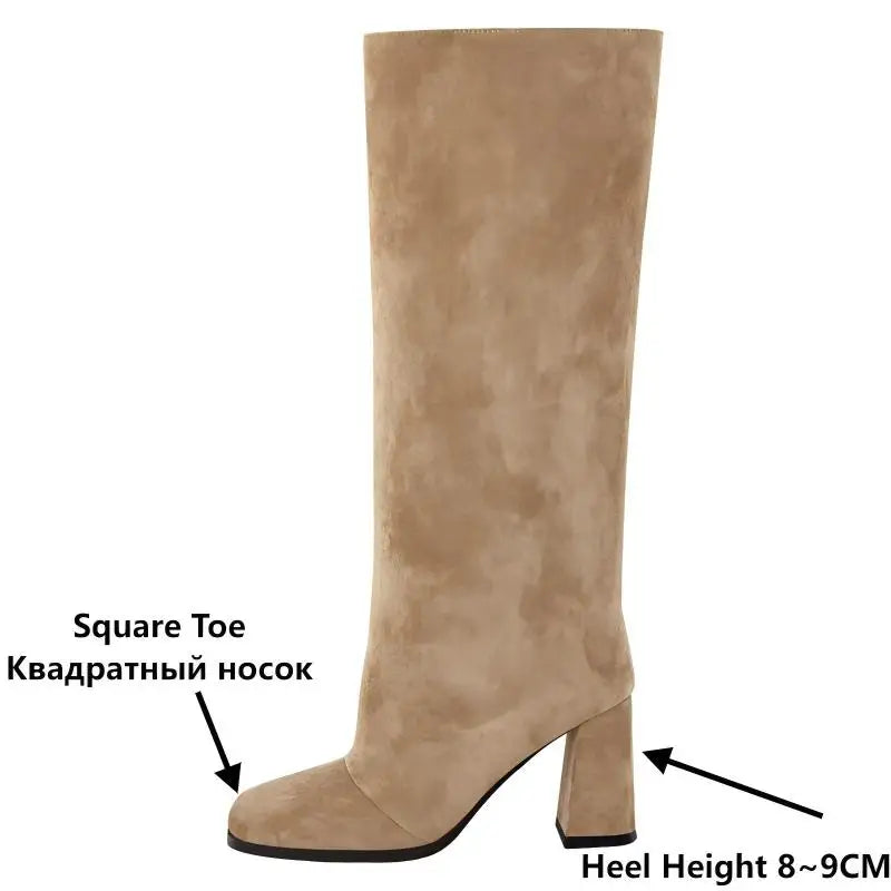 Onlymaker Square Toe Faux Suede Leather Knee-high Boots Chunky Heel Shoes Autumn Solid Slip On Fashion Elegant Boots