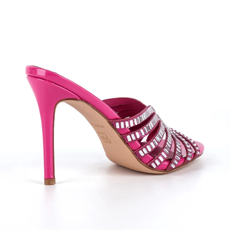 Women Peep Toe Rhinestone Stiletto Mules 10CM Thin Heel Slip On Mules Sandals