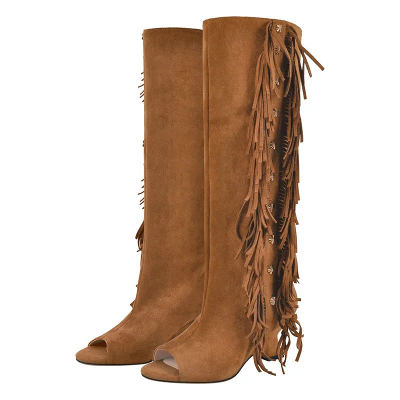 Onlymaker Women Peep Toe Flock Fringe Shaped Heel Knee High Boots  Fashion  Kitten Heel   Female Boots
