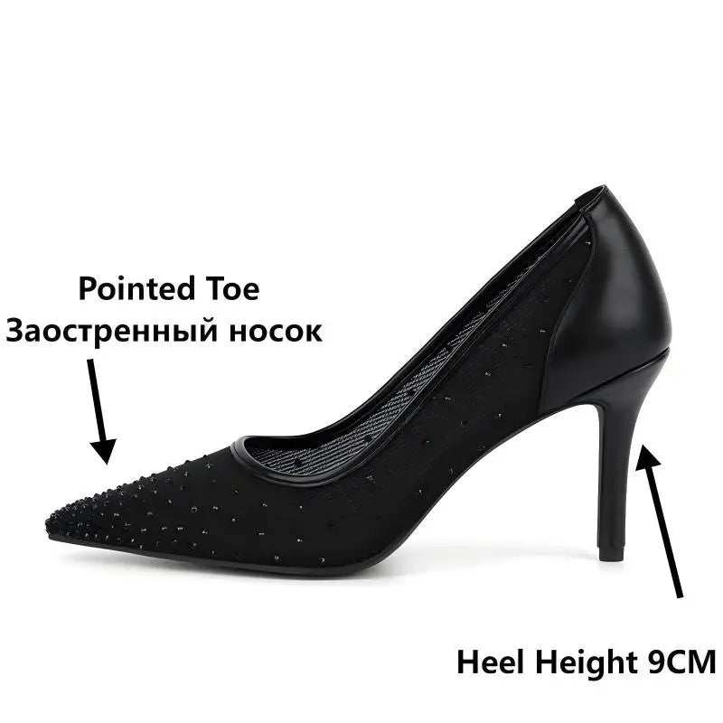 Women Pointed Toe Rhinestone Mesh Pumps High Heeled Big Size Slip On Party Wedding Bride  Stiletto Pumps