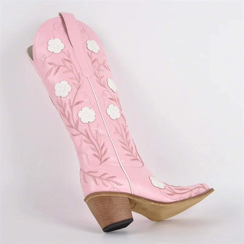 Onlymaker Women Pointed Toe Side Zipper Embroidery Flower Western Cowgirl Boots Chunky Heel Embroidery Cowboy Boots