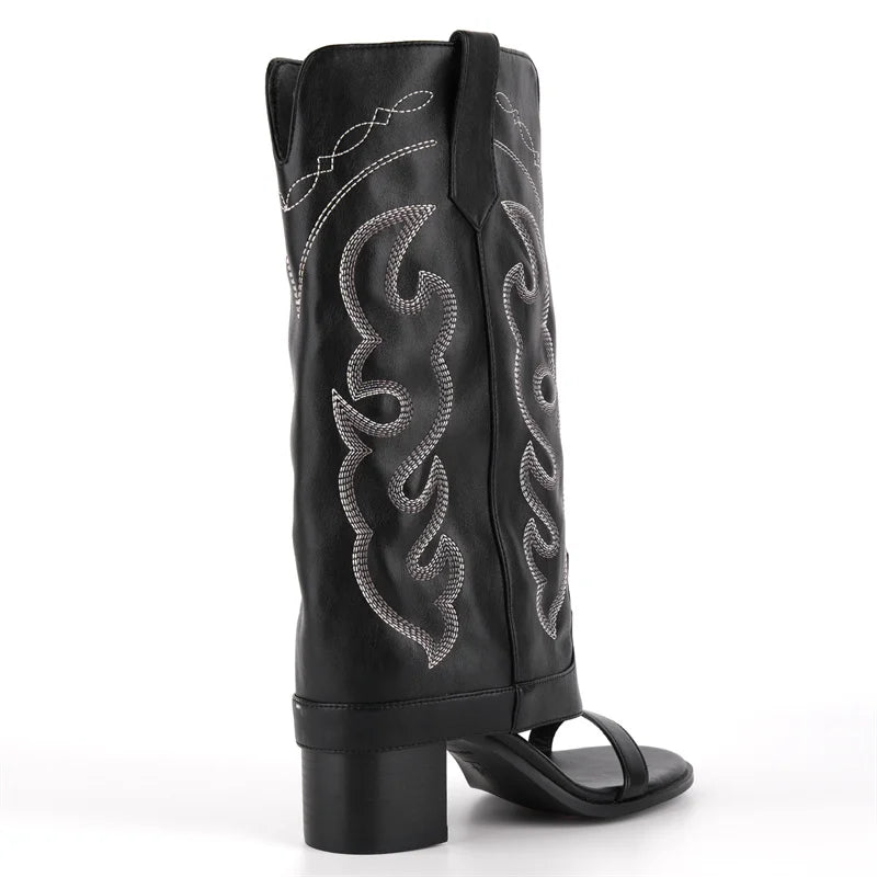 Onlymaker Women Open Toe Embroidery Chunky Heel Mid-Calf Bootie Sandals Folded Over Boots