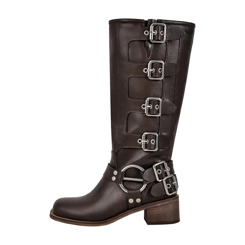 Onlymaker Women Gothic Black Knee High Boots Heeled Brown Metal Rivet Buckle Fashion Motorcycle Boots