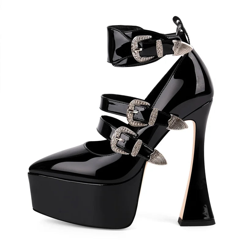 Women Platform Pointed Toe Multi-Buckle Gladiator High Heel Pumps Gothic Shoes