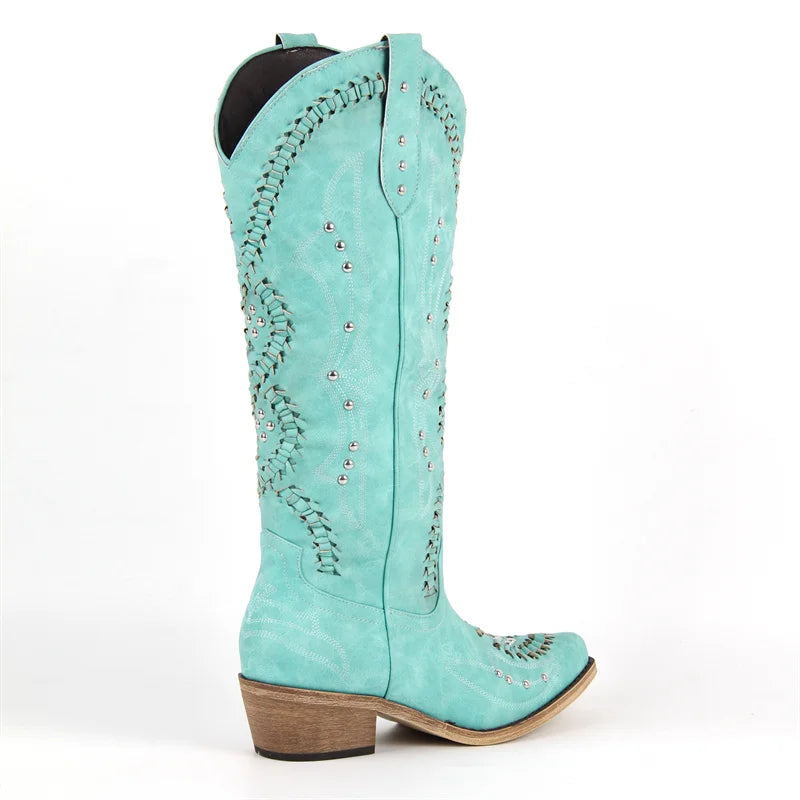Onlymaker Women Blue Western Embroidery Cowgirl Boots Pointed Toe Side Zipper Knee High with Chunky Heel  Boots