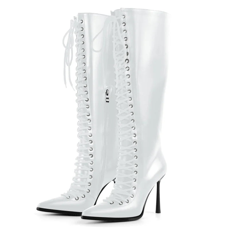 Onlymaker Pointed Toe Lace Up Faux Leather Knee-high Boots Thin Heel Side Zipper Fashion Elegant Boots