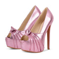 Women Peep Toe Platform Stiletto High Heeled Pumps Gold Knot Bow Style Sexy Shoes