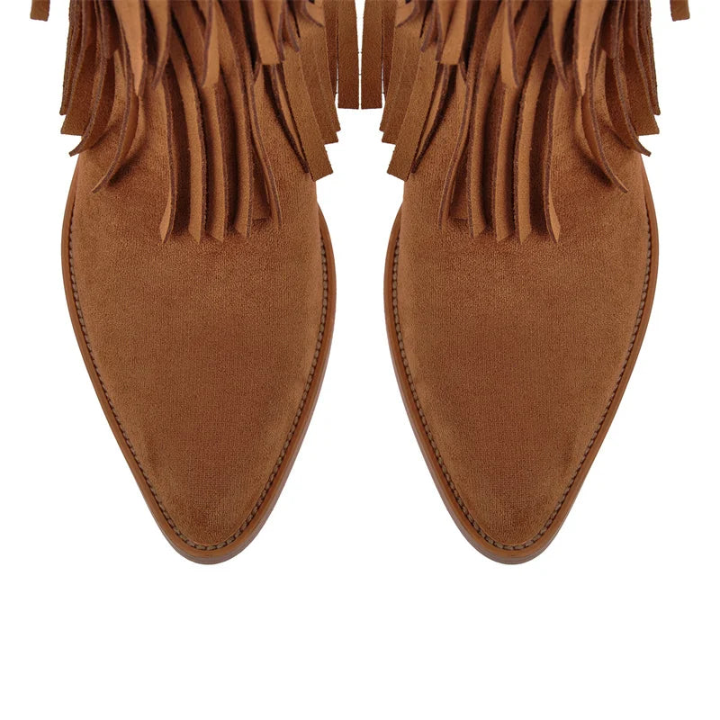 Onlymaker Women Pointed Toe Fringe Western Boots Comfy Pull On Mid Calf Chunky Heel Pull-on Knee High Boots