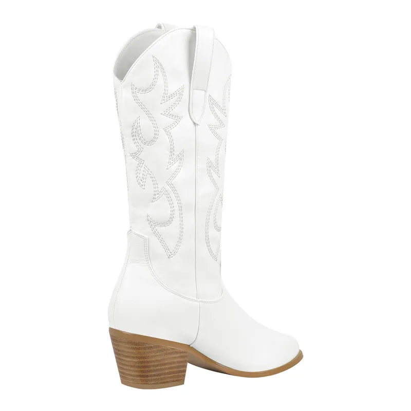 Women Pointed Toe White Embroidery Tapered Heel Round Up  Mid-Calf Big Size Western Cowboy Boots