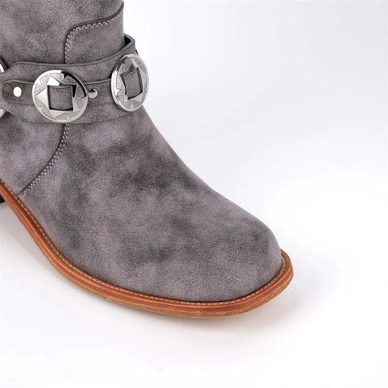 Women Metal Decor Buckle Low Block Heels Boots Wide Knee High Riding Cowgirl Pull on Western Cowboy Boots