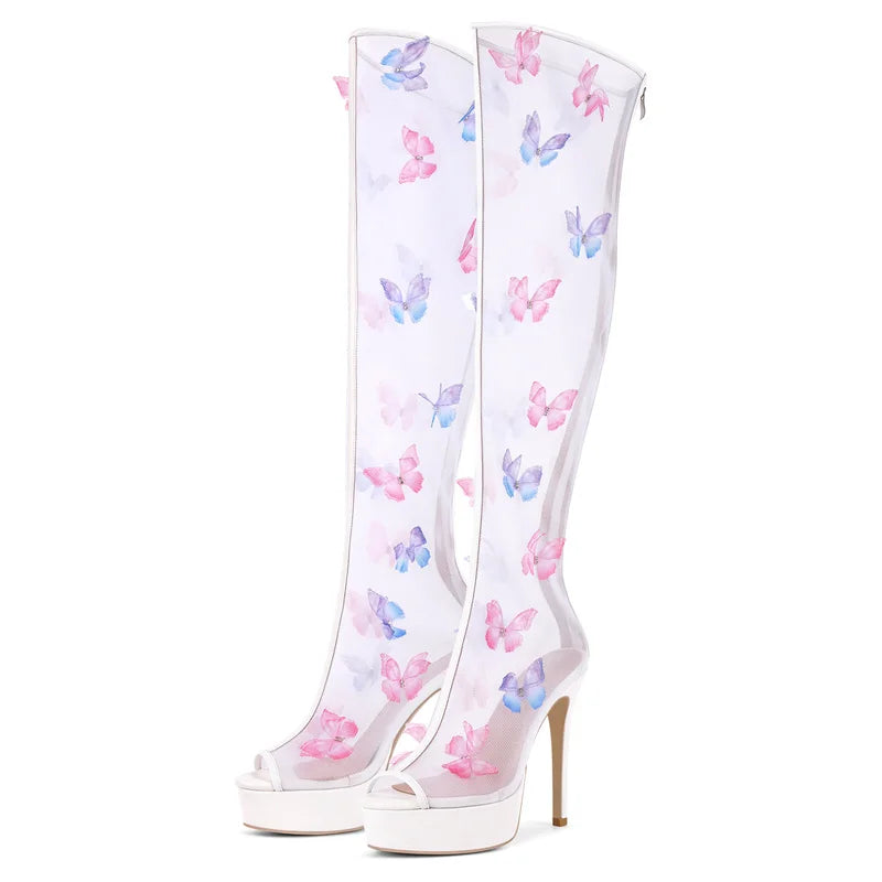 Onlymaker Women Peep Toe Butterfly Air Mesh Platform Over The Knee High Boots Zipper Sexy Sweet Thin High Heel Wedding Boots