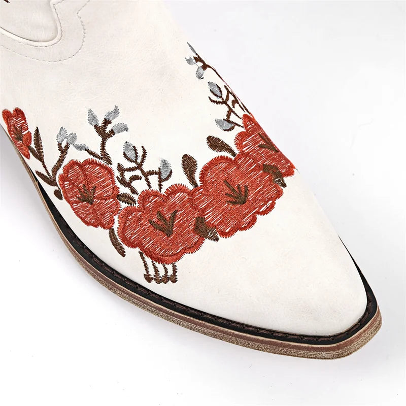 Onlymaker Women White Floral Western Embroidery Cowgirl Boots Pointed Toe Side Zipper Knee High with Chunky Heel  Boots