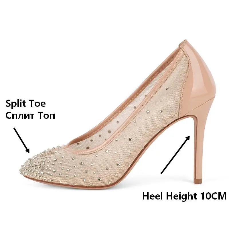 Women Split Toe 10CM Rhinestone Mesh Pumps High Heeled Big Size Slip On Party Wedding Bride  Stiletto Pumps
