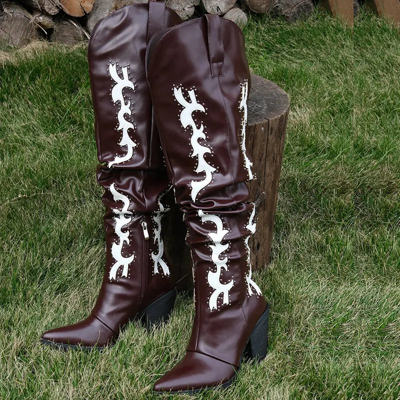 Onlymaker Women  Embroidered Over the Knee High Heel Boots Side Zipper Studded Slouch Wide calf Cowgirl Western Boots