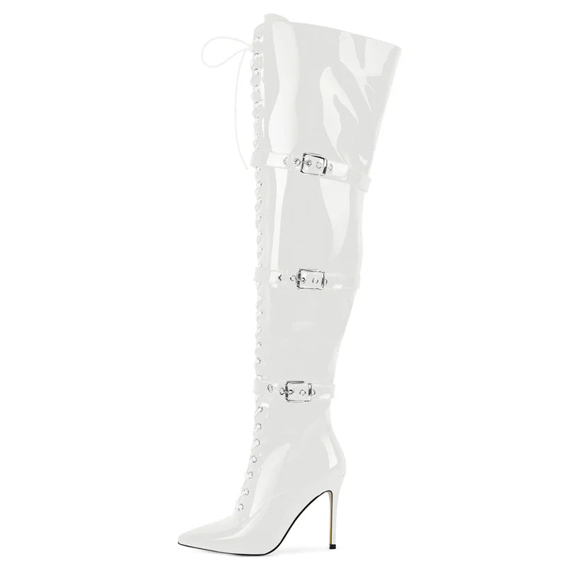 Onlymaker Women Pointed Toe Belt Buckle Over The Knee Boots Zipper Plus Size Sexy Patent Leather Wide Calf Thigh High Boots