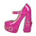 Women Rosy Red Platform Mary-Jane Gothic Buckle Belt Ring Rivet Shinny  Ankle Strap Heeled Big Size Punk Pumps