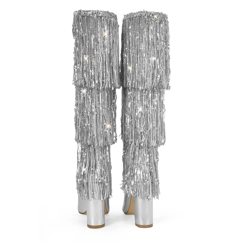Onlymaker Women Pointed Toe  Sliver Fringe Metallic Slim  Knee Boots  Sexy Dance Chunky  Heel Boots