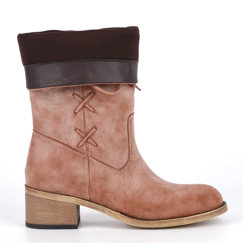 Onlymaker Round Toe Faux Suede Leather Knee-high Boots Chunky Heel Shoes Autumn Solid Slip On Fashion Elegant Boots