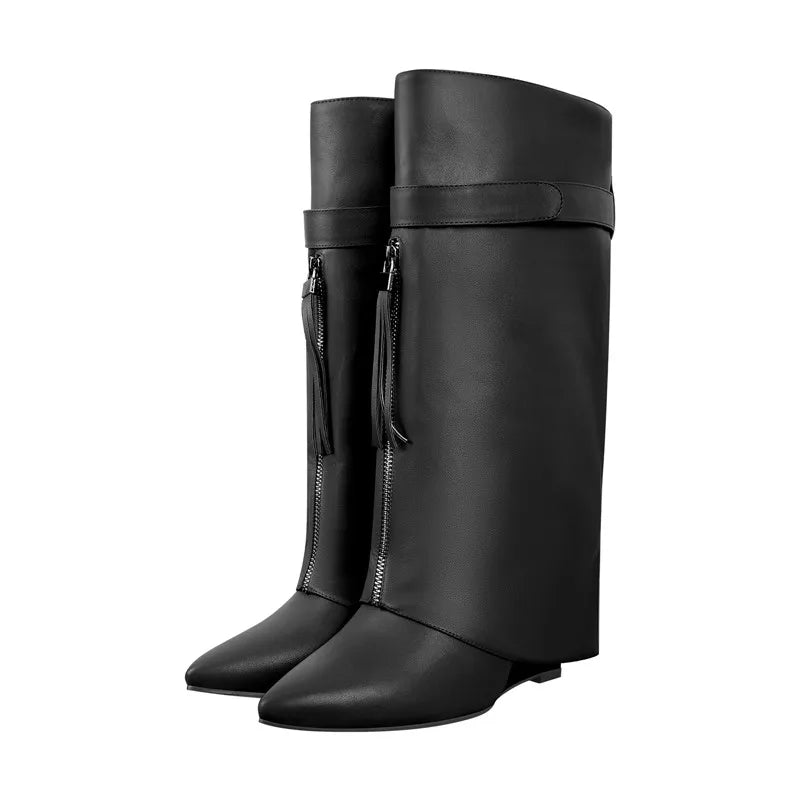 Onlymaker Knee High Boots Women Pointed Toe Black Red Wedge Heel Fold Over Matte Boots Winter Fashion Big Size  Handmade Modern