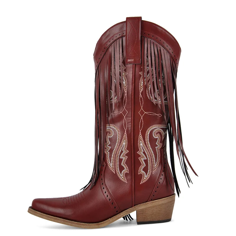 Onlymaker Women Pointed Toe Fringe Pull On Retro Western Cowgirl Boots Fringed Chunky Heel Embroidery Cowboy Boots