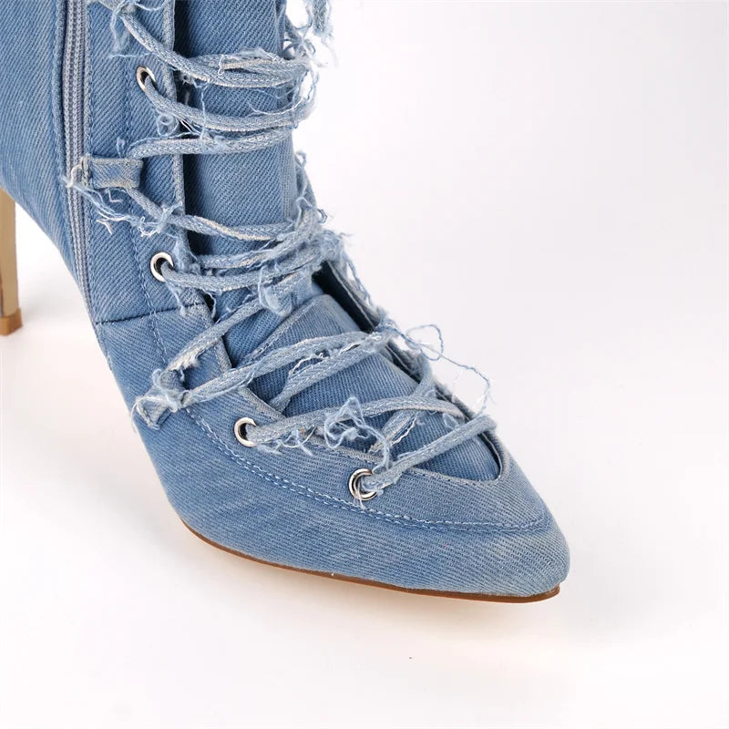 Women Pointed Toe Denim Strappy Retro Mid Calf Boots Side Zipper Thin High Heels Sexy Party Lace-up Stilettos Modern