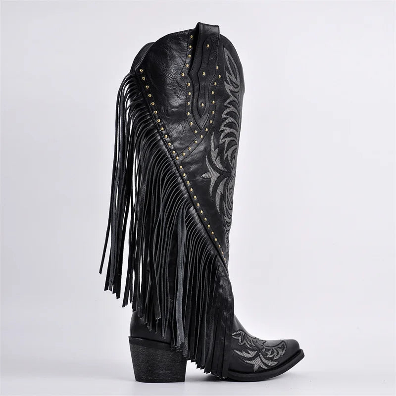Onlymaker Women Pointed Toe Fringe Side Zipper Western Cowgirl Boots Chunky Heel Cowboy Boots