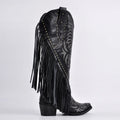 Onlymaker Women Pointed Toe Fringe Side Zipper Western Cowgirl Boots Chunky Heel Cowboy Boots