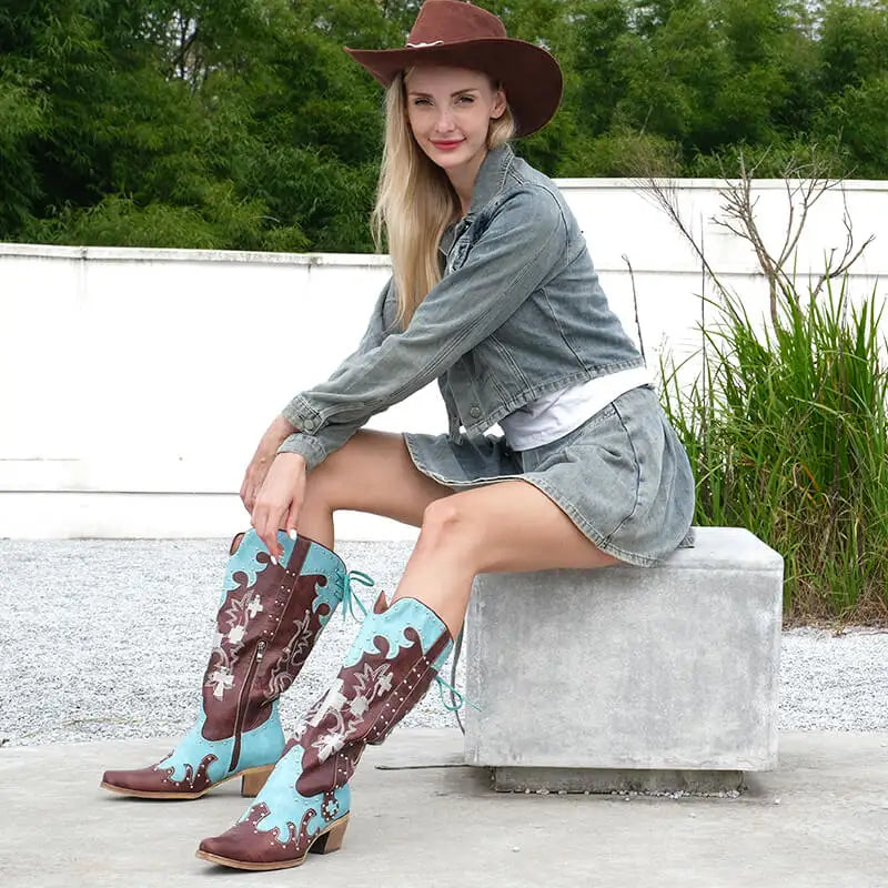 Onlymaker Women Pointed Toe Western Embroidered Studded Cowgirl Knee High Boots Lace Up Side Zipper Block Heel Mid Calf Boots