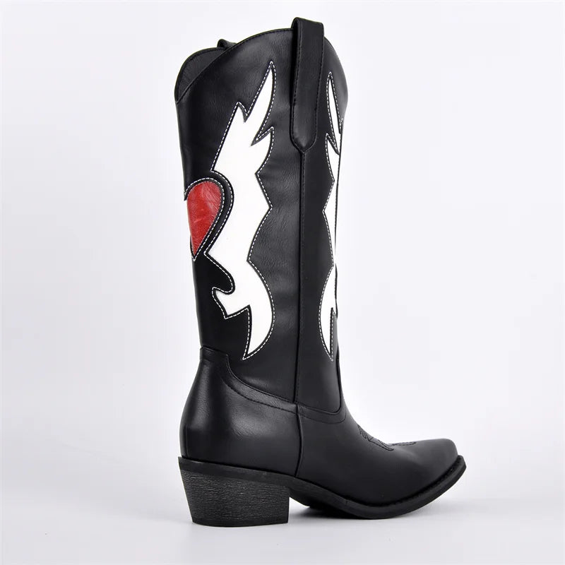 Onlymaker Pointed Toe Cowboy Boots for Women Western Cowgirl  Chunky Heel Embroidered Mid Calf  Pull On Slip on Boots