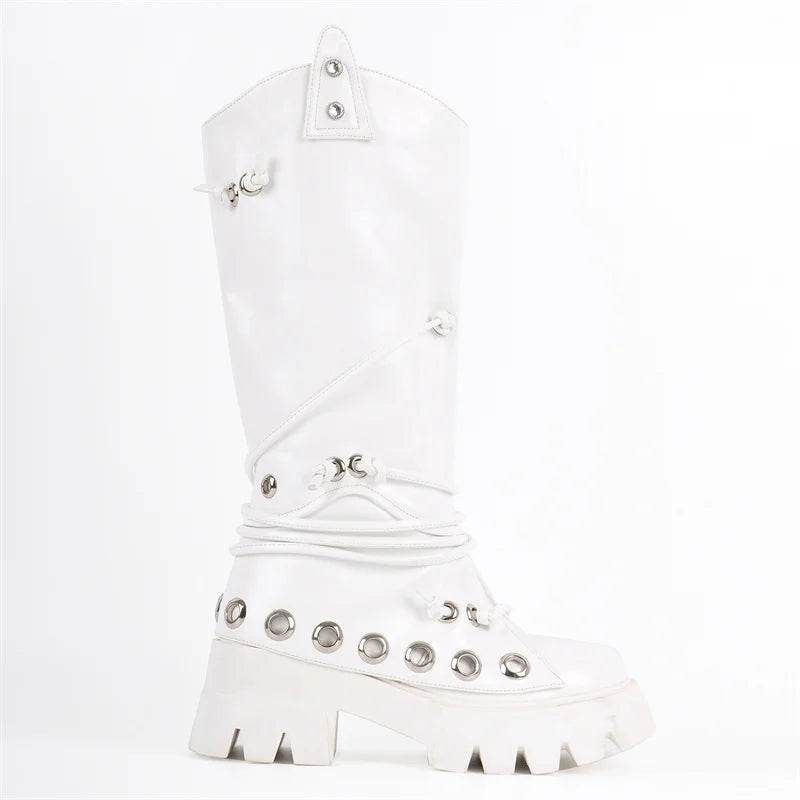 Women Platform Round Toe Studded Chunky Heel Knee High Boots Pull On Mid Calf Chunky Heel Punk Boots
