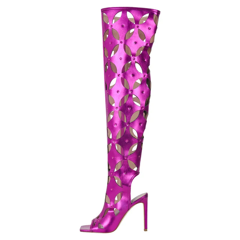 Onlymaker Women Fuchsia Long Boots Concise Peep Toe Stiletto High Heel Shoes Side Zipper Hollow Over The Knee Boots