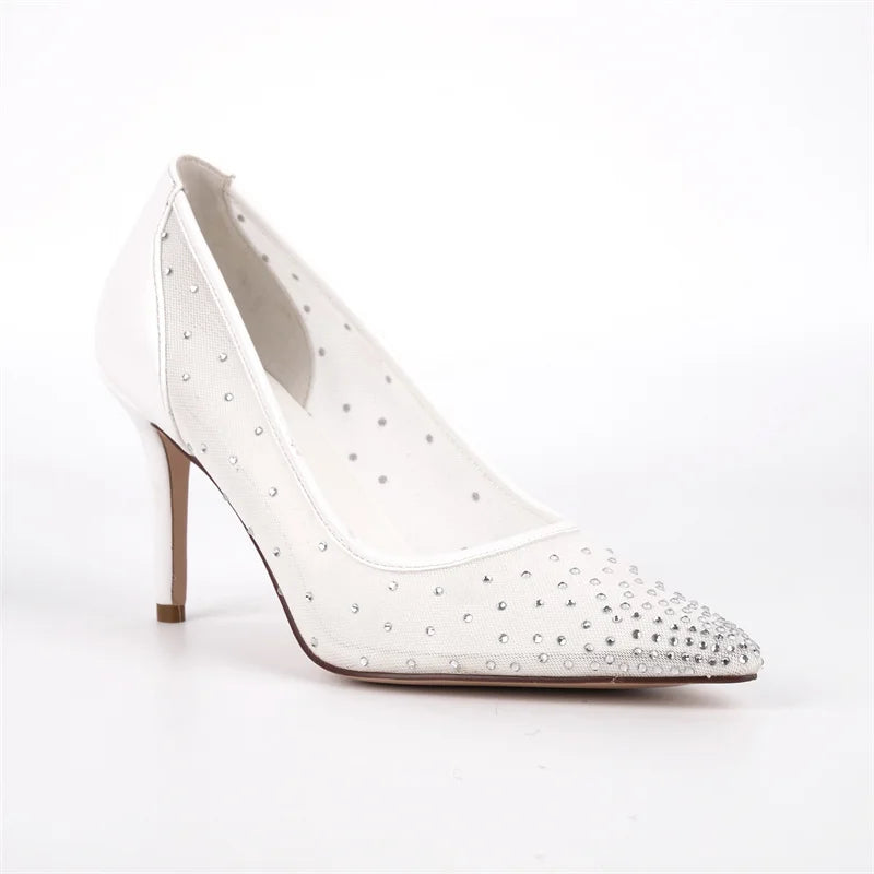 Women Pointed Toe Rhinestone Mesh Pumps High Heeled Big Size Slip On Party Wedding Bride  Stiletto Pumps