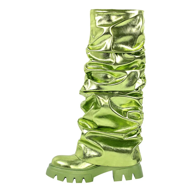 Onlymaker Women Green Round Toe Fold Over Boots Webs Fashion Handmade Female Mid-Calf Boots