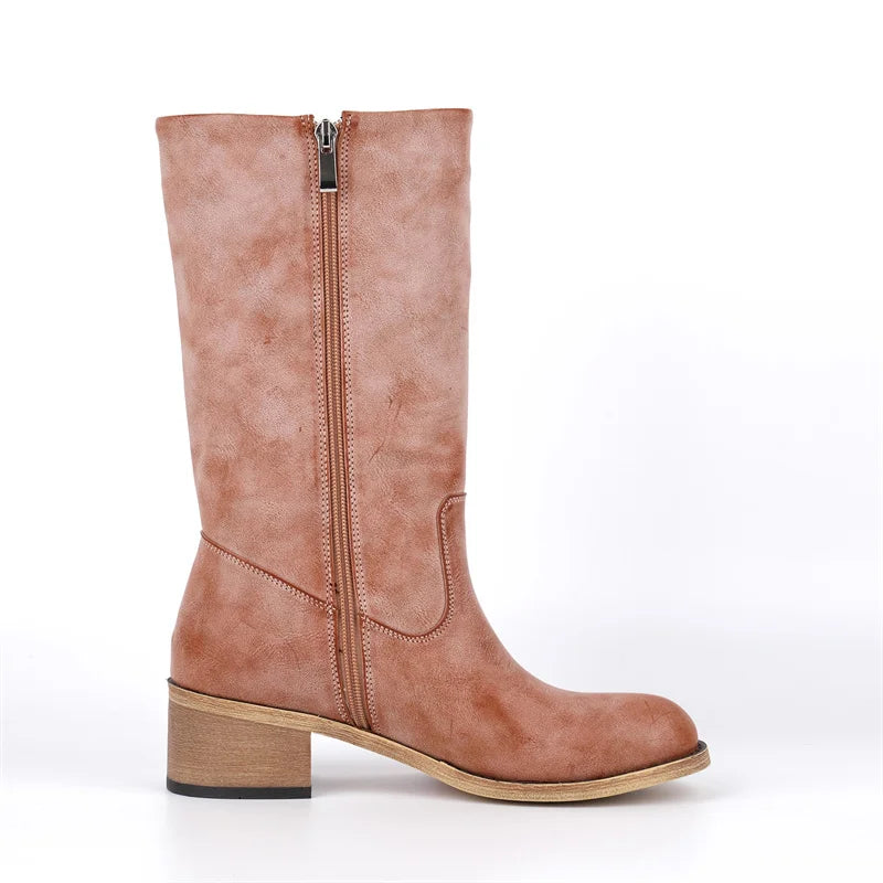 Onlymaker Round Toe Faux Suede Leather Knee-high Boots Chunky Heel Shoes Autumn Solid Slip On Fashion Elegant Boots